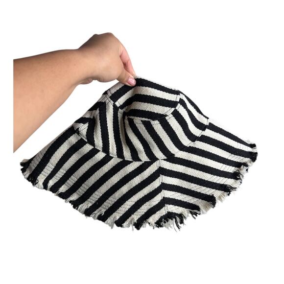 Anthropologie Striped Fray Hem Bucket Hat Black White Statement Stylish